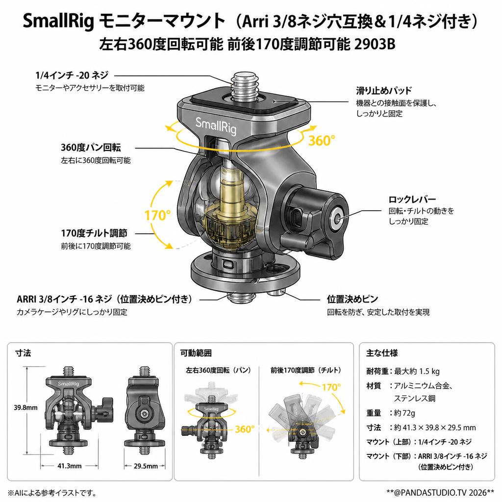 SmallRig モニターマウント（Arri 3/8ネジ穴互換＆1/4ネジ付き） 左右360度回転可能 前後170度調節可能 2903B スペック