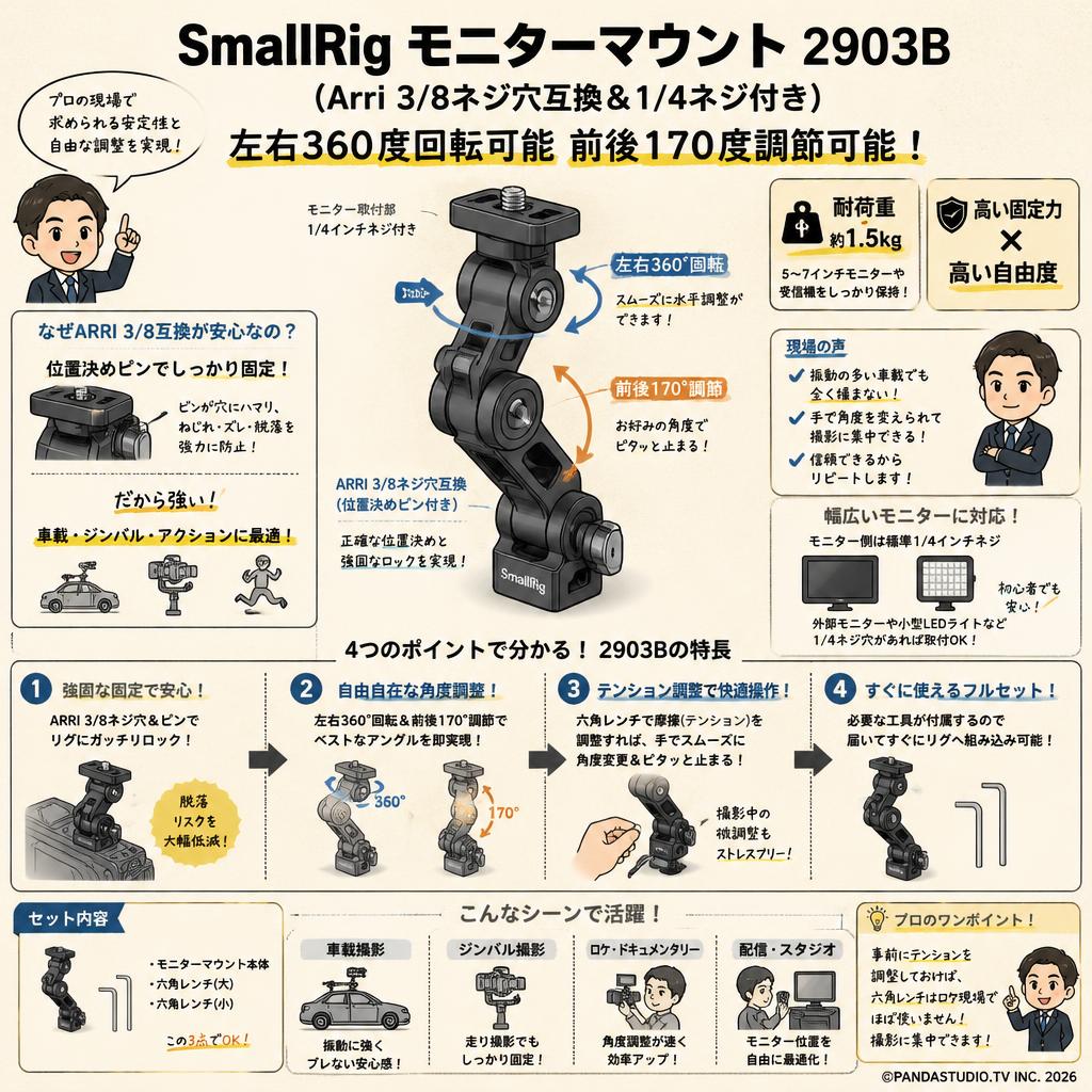 SmallRig モニターマウント（Arri 3/8ネジ穴互換＆1/4ネジ付き） 左右360度回転可能 前後170度調節可能 2903B FAQ（よくある質問と答え）