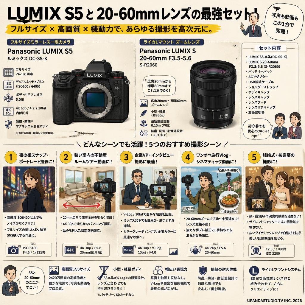 Panasonic LUMIX S5 ミラーレス一眼カメラ ルミックス DC-S5-K +Panasonic LUMIX S 20-60mm F3.5-5.6 S-R2060 (ライカL ズームレンズ)セット 用途