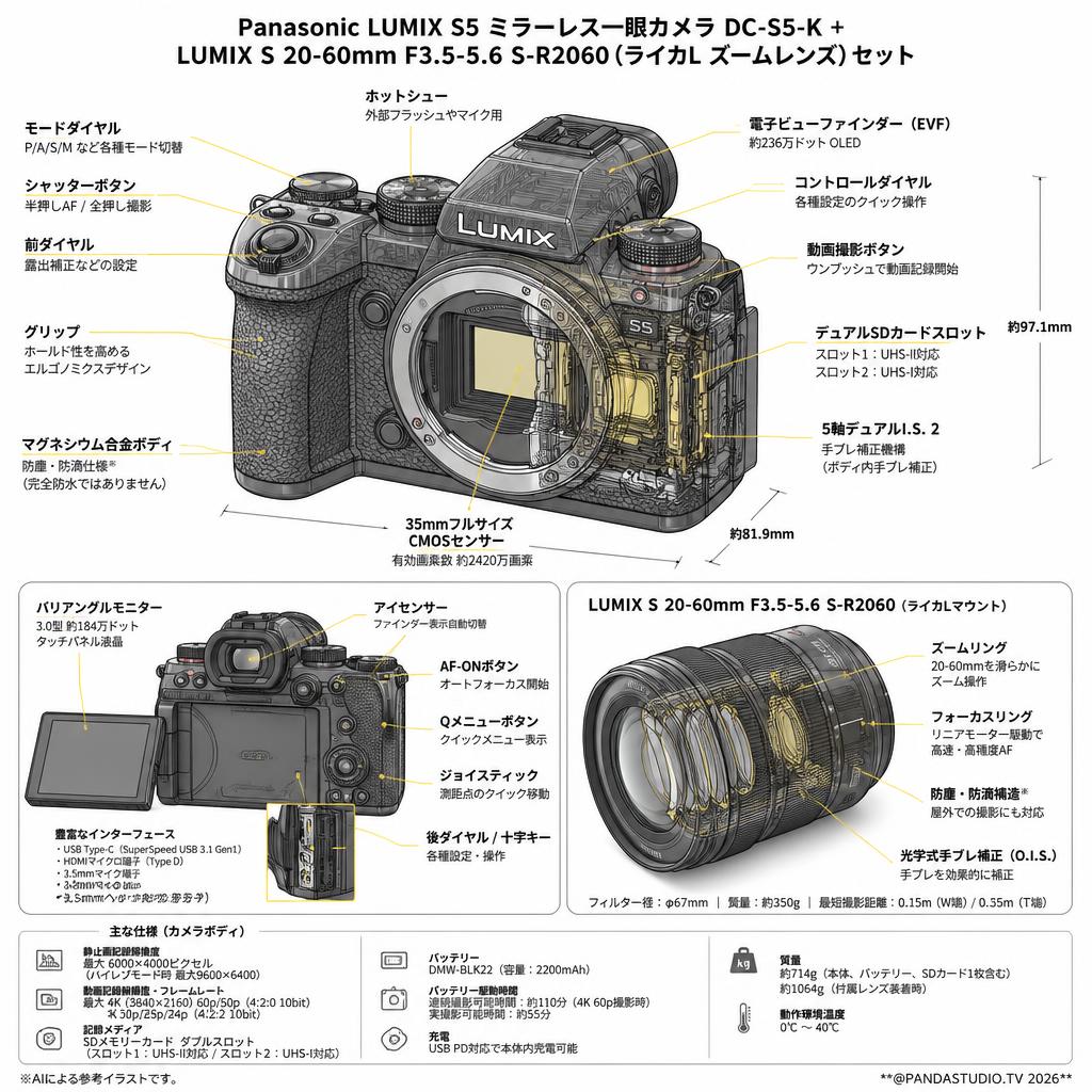 Panasonic LUMIX S5 ミラーレス一眼カメラ ルミックス DC-S5-K +Panasonic LUMIX S 20-60mm F3.5-5.6 S-R2060 (ライカL ズームレンズ)セット スペック