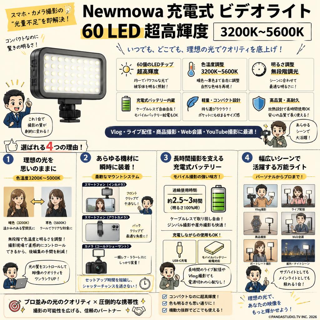 Newmowa 充電式 ビデオライト 60 LED 超高輝度 3200K~5600K 概要