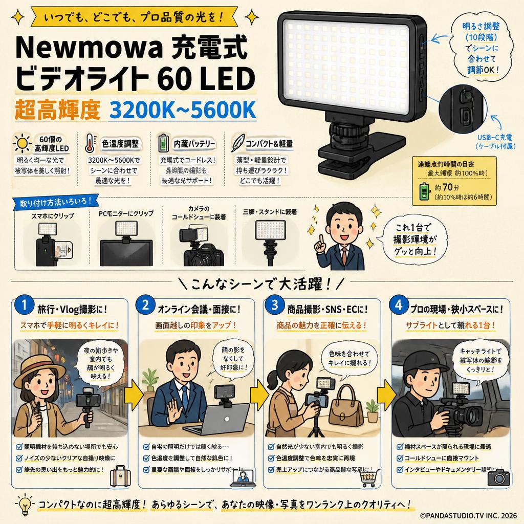 Newmowa 充電式 ビデオライト 60 LED 超高輝度 3200K~5600K おもな対象のお客様