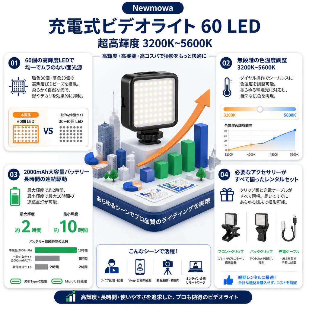 Newmowa 充電式 ビデオライト 60 LED 超高輝度 3200K~5600K セールスポイント