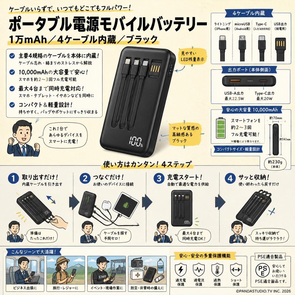 ポータブル電源モバイルバッテリー1万mAhライトニング内蔵,microUSB内蔵,Type-C出力用【4ケーブル内蔵】ブラック 概要
