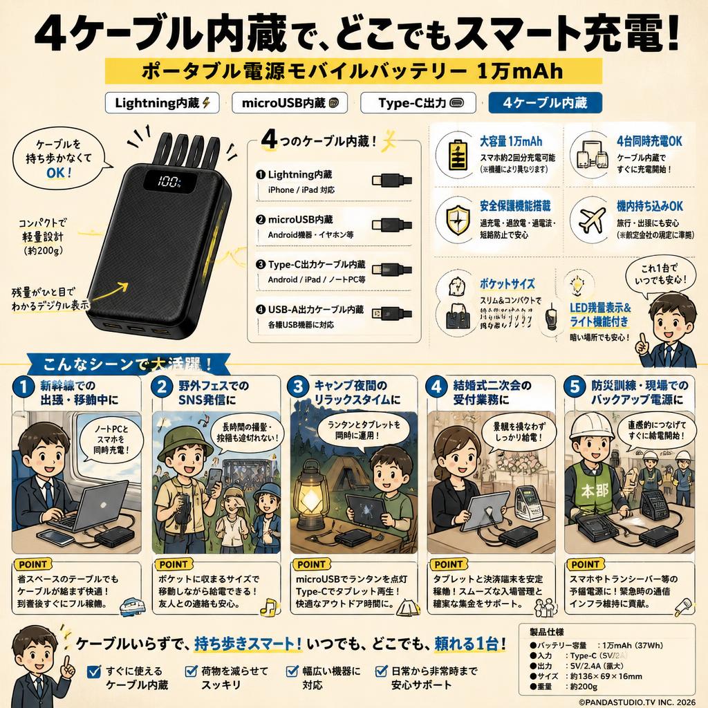 ポータブル電源モバイルバッテリー1万mAhライトニング内蔵,microUSB内蔵,Type-C出力用【4ケーブル内蔵】ブラック 用途