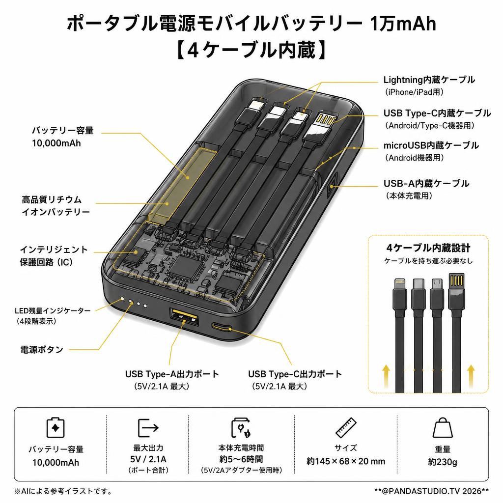 ポータブル電源モバイルバッテリー1万mAhライトニング内蔵,microUSB内蔵,Type-C出力用【4ケーブル内蔵】ブラック スペック