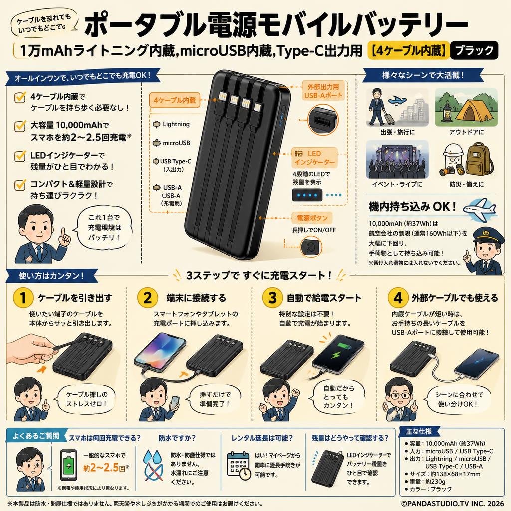 ポータブル電源モバイルバッテリー1万mAhライトニング内蔵,microUSB内蔵,Type-C出力用【4ケーブル内蔵】ブラック FAQ（よくある質問と答え）