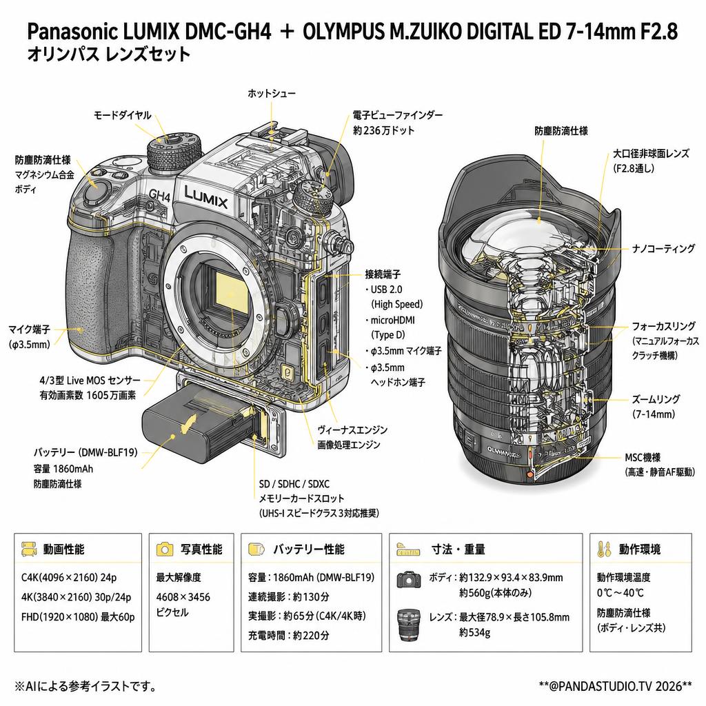 Panasonic LUMIX DMC-GH4  ＋ OLYMPUS M.ZUIKO DIGITAL ED 7-14mm F2.8 オリンパス レンズセット スペック