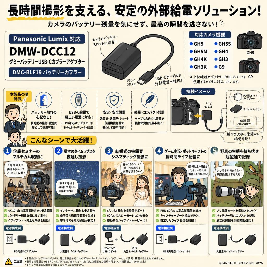 Panasonic Lumix GH5 GH5s GH5m GH4 GH4K GH3 GH3KG9カメラ交換用DMW-DCC12ダミーバッテリーUSB-C カプラーアダプターDMC-BLF19 バッテリーカプラー 用途