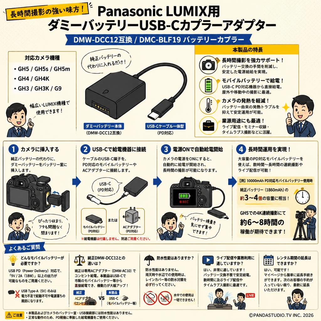 Panasonic Lumix GH5 GH5s GH5m GH4 GH4K GH3 GH3KG9カメラ交換用DMW-DCC12ダミーバッテリーUSB-C カプラーアダプターDMC-BLF19 バッテリーカプラー FAQ（よくある質問と答え）