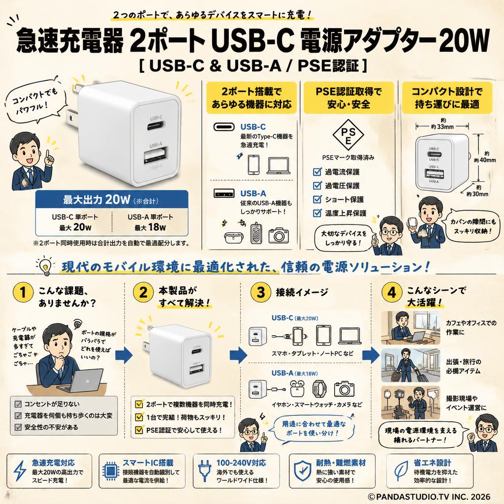 急速充電器 2ポート USB-C 電源アダプター 20W [ USB-C & USB-A/PSE認証 ] 概要