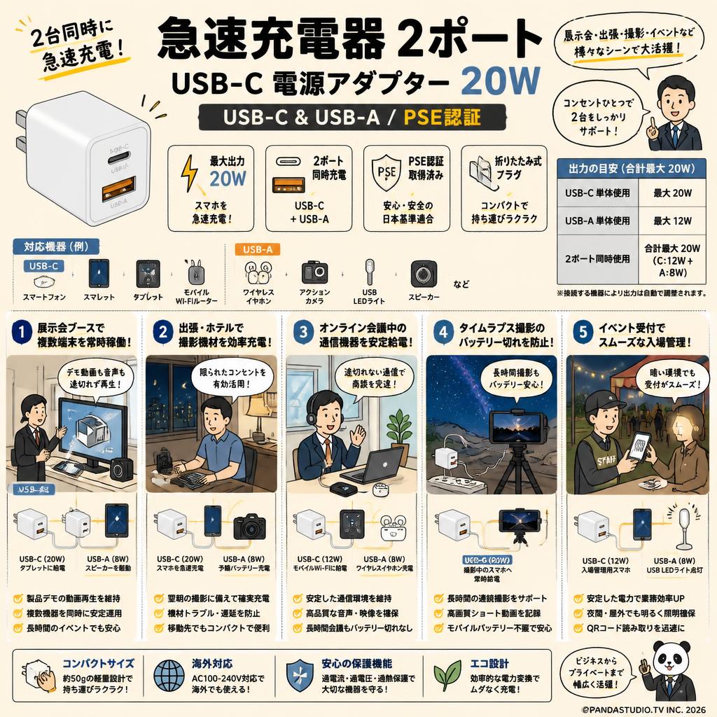 急速充電器 2ポート USB-C 電源アダプター 20W [ USB-C & USB-A/PSE認証 ] 用途