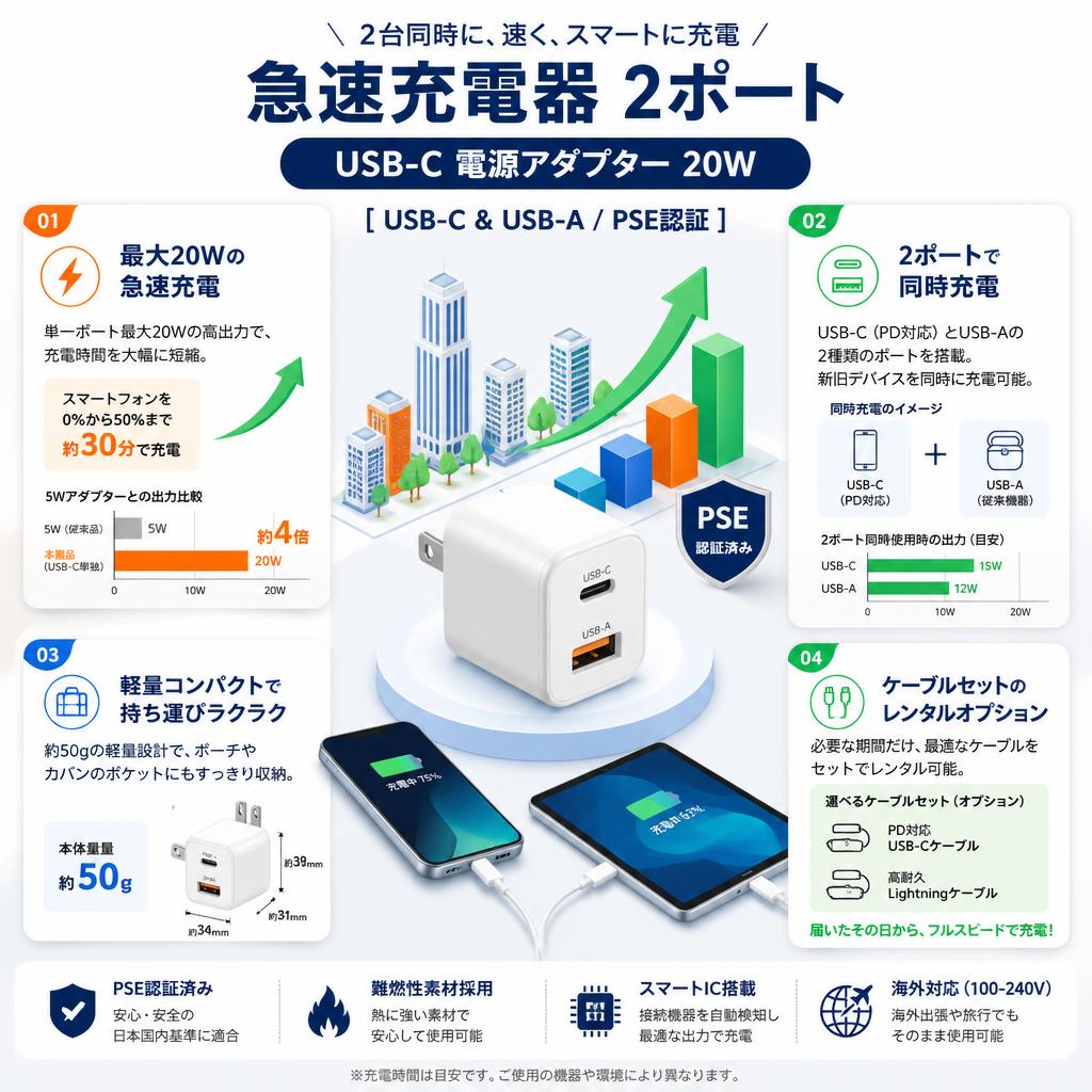 急速充電器 2ポート USB-C 電源アダプター 20W [ USB-C & USB-A/PSE認証 ] セールスポイント