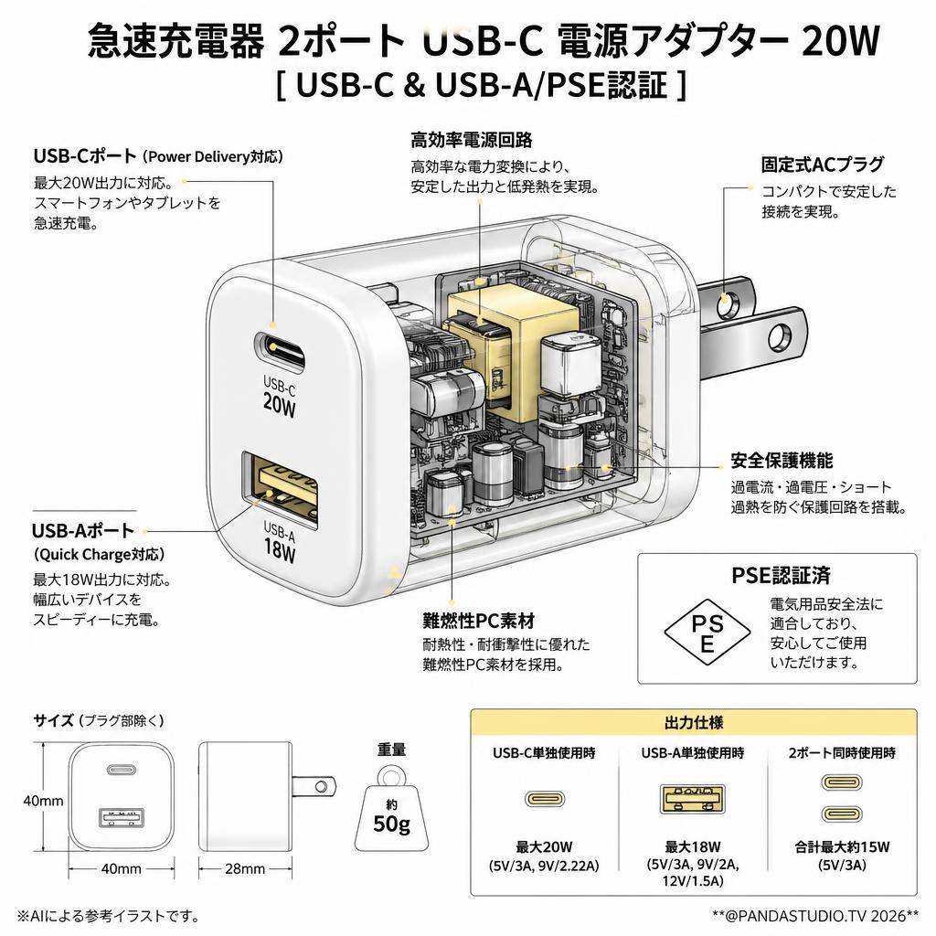 急速充電器 2ポート USB-C 電源アダプター 20W [ USB-C & USB-A/PSE認証 ] スペック