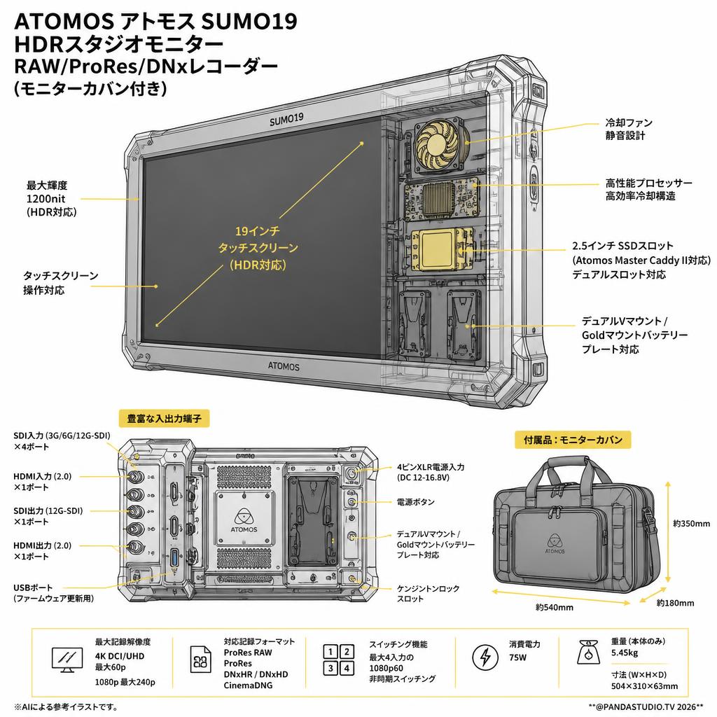 ATOMOS アトモス SUMO19 HDRスタジオモニター RAW/ProRes/DNxレコーダー(モニターカバン付き) スペック
