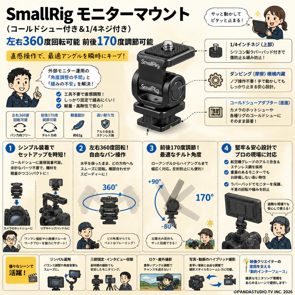 SmallRig モニターマウント（コールドシュー付き＆1/4ネジ付き） 左右360度回転可能 前後170度調節可能 概要