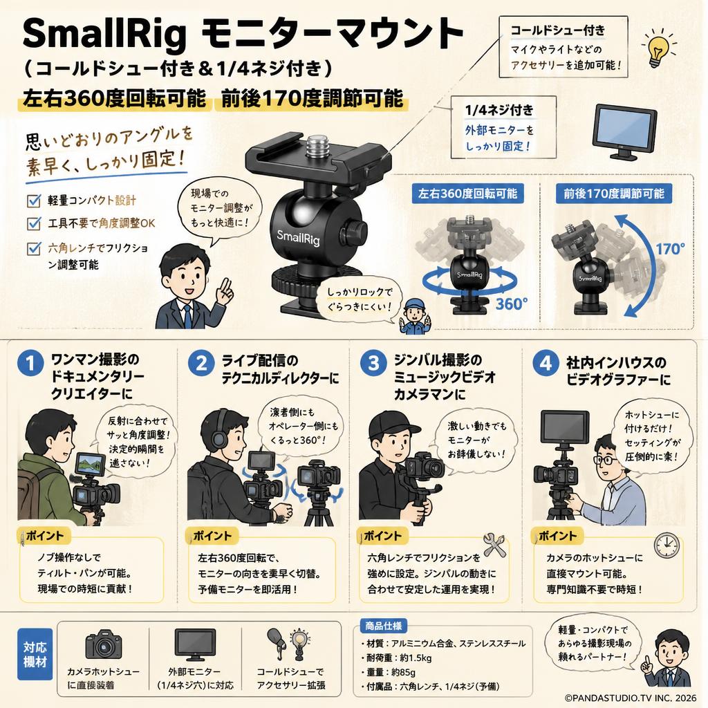 SmallRig モニターマウント（コールドシュー付き＆1/4ネジ付き） 左右360度回転可能 前後170度調節可能 おもな対象のお客様