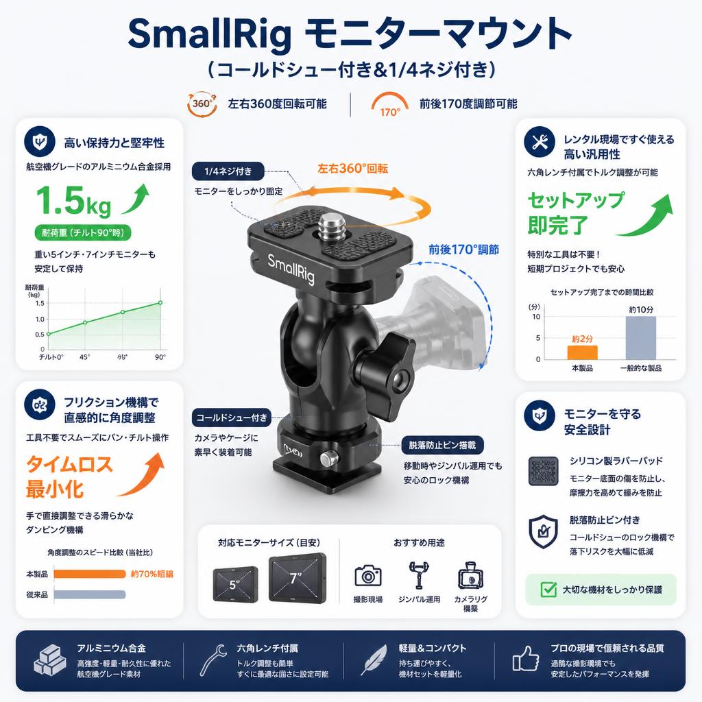 SmallRig モニターマウント（コールドシュー付き＆1/4ネジ付き） 左右360度回転可能 前後170度調節可能 セールスポイント