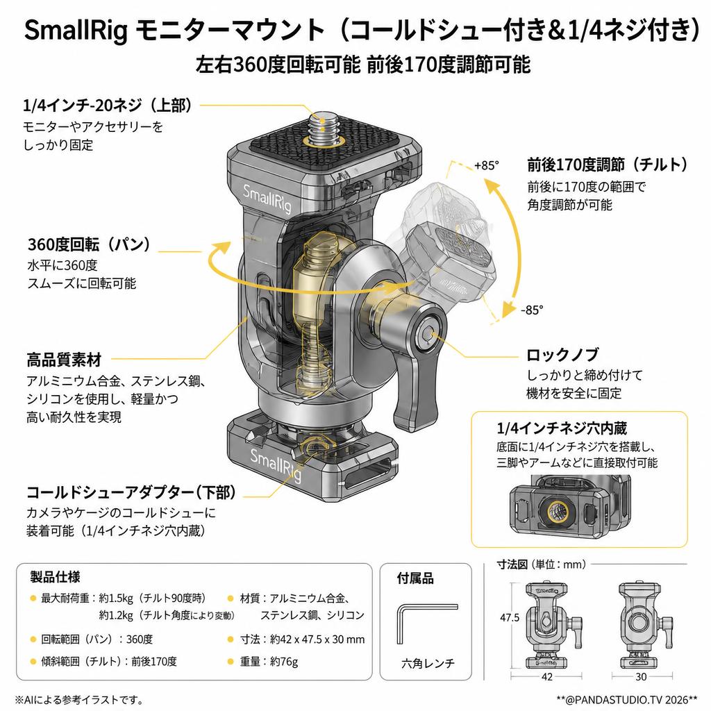 SmallRig モニターマウント（コールドシュー付き＆1/4ネジ付き） 左右360度回転可能 前後170度調節可能 スペック
