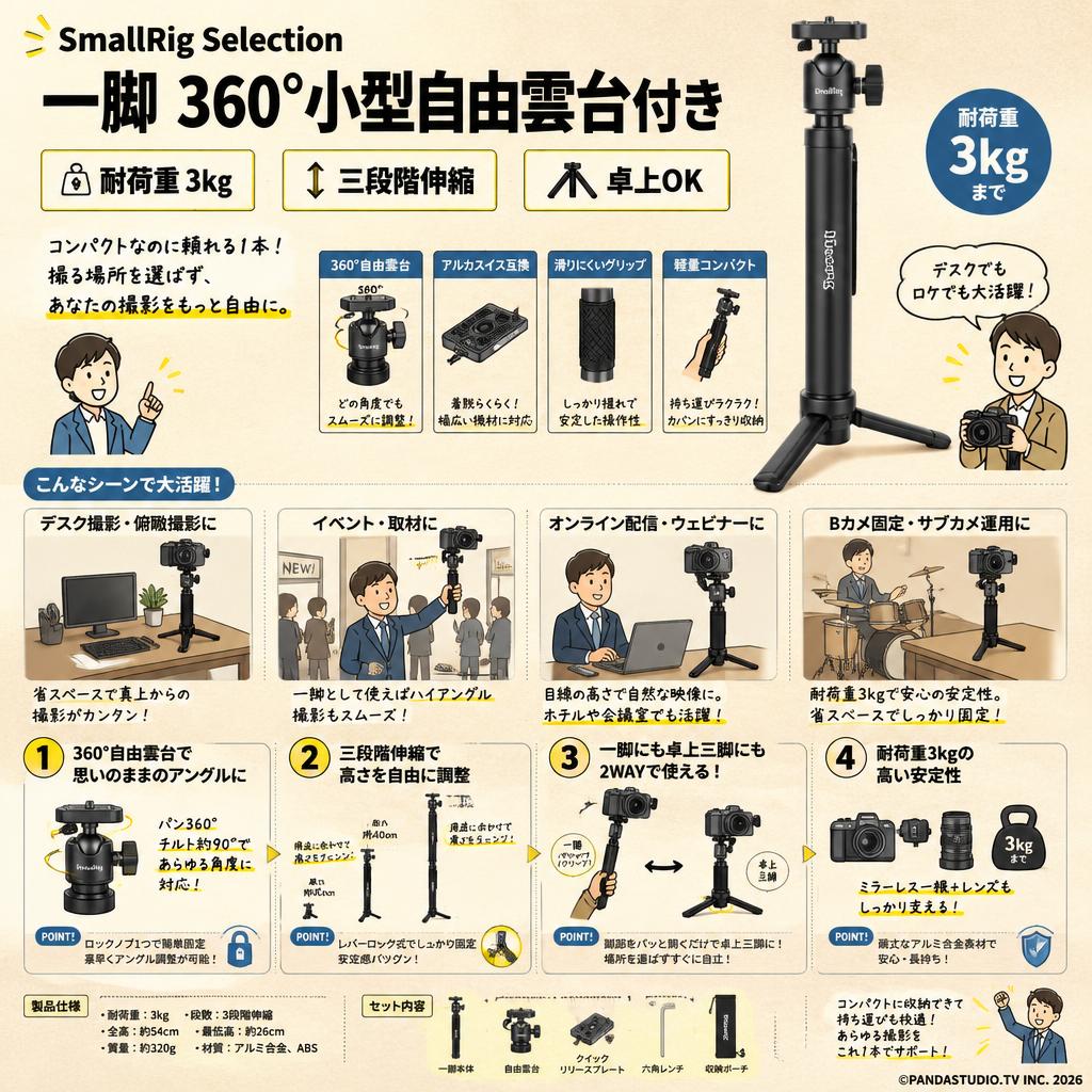 SmallRig Selection 一脚 360°小型自由雲台付き 耐荷重3kg 三段階伸縮 卓上 おもな対象のお客様
