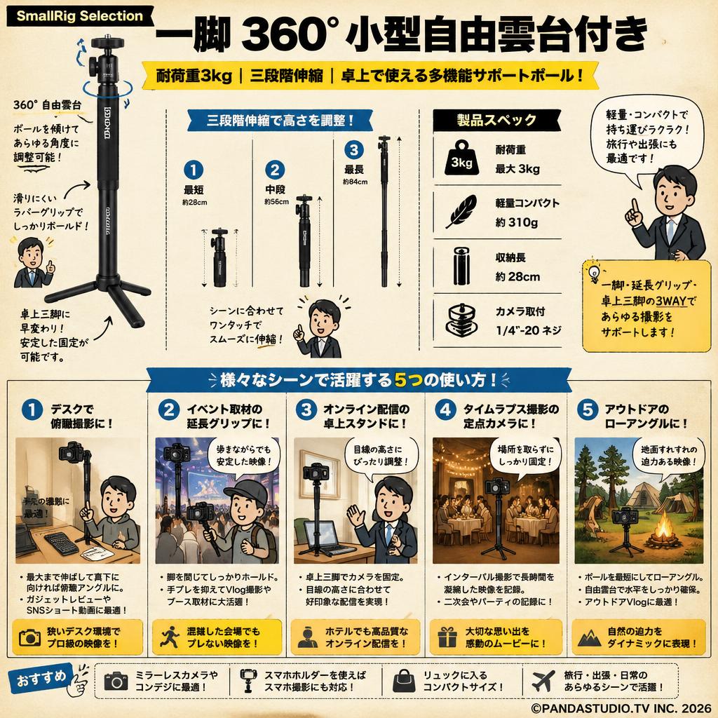 SmallRig Selection 一脚 360°小型自由雲台付き 耐荷重3kg 三段階伸縮 卓上 用途
