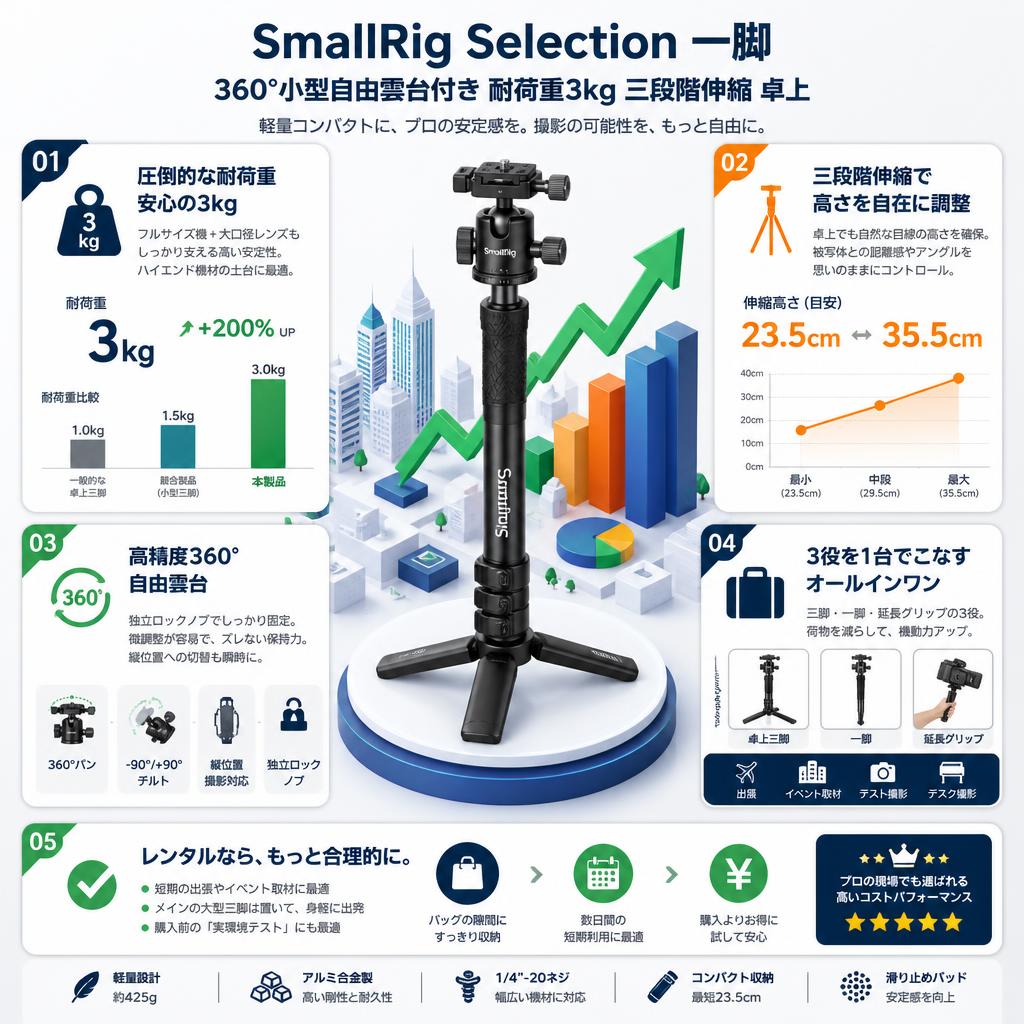 SmallRig Selection 一脚 360°小型自由雲台付き 耐荷重3kg 三段階伸縮 卓上 セールスポイント