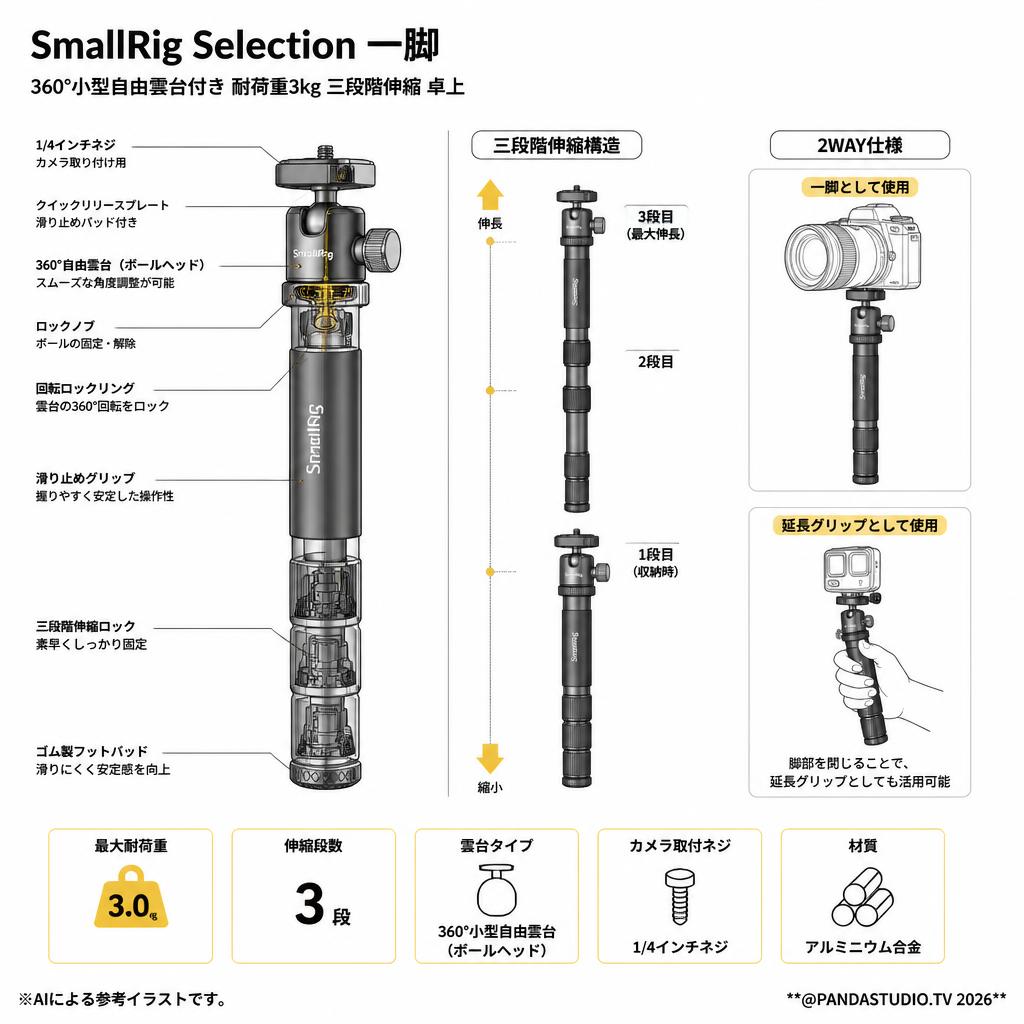 SmallRig Selection 一脚 360°小型自由雲台付き 耐荷重3kg 三段階伸縮 卓上 スペック
