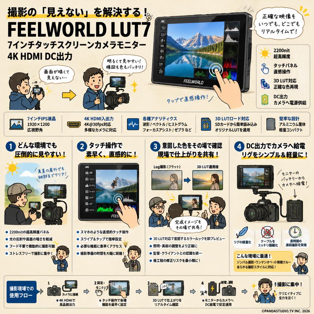 FEELWORLD LUT7 7インチタッチスクリーンカメラモニター4K HDMI DC出力 概要