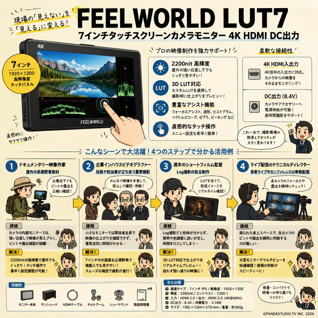 FEELWORLD LUT7 7インチタッチスクリーンカメラモニター4K HDMI DC出力 おもな対象のお客様