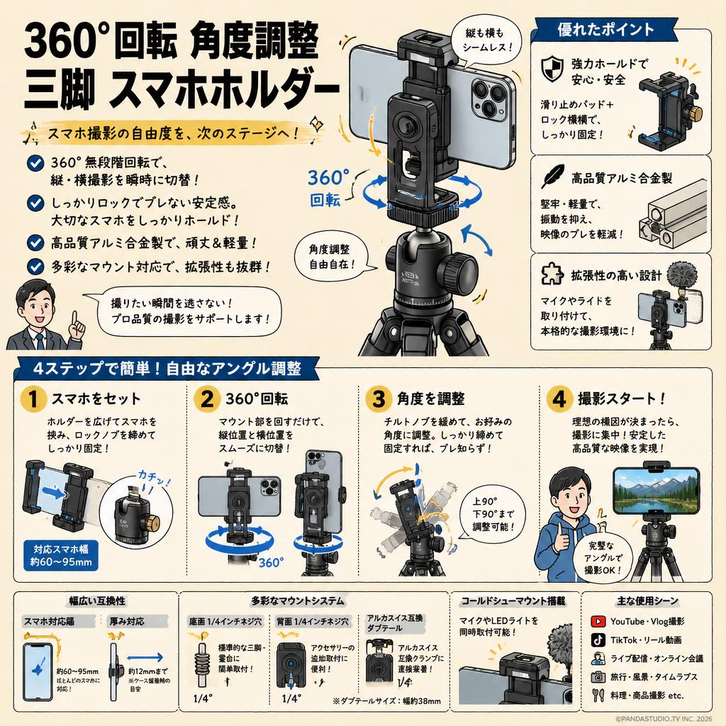 360°回転 角度調整 三脚 スマホホルダー 概要