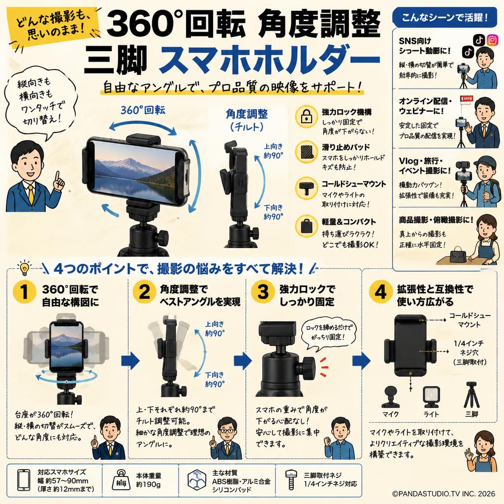 360°回転 角度調整 三脚 スマホホルダー おもな対象のお客様