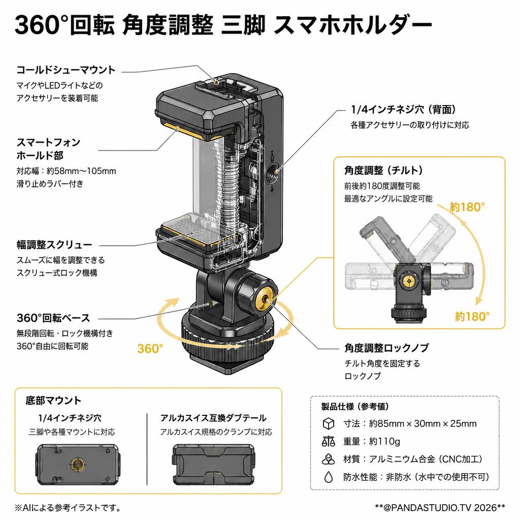 360°回転 角度調整 三脚 スマホホルダー スペック