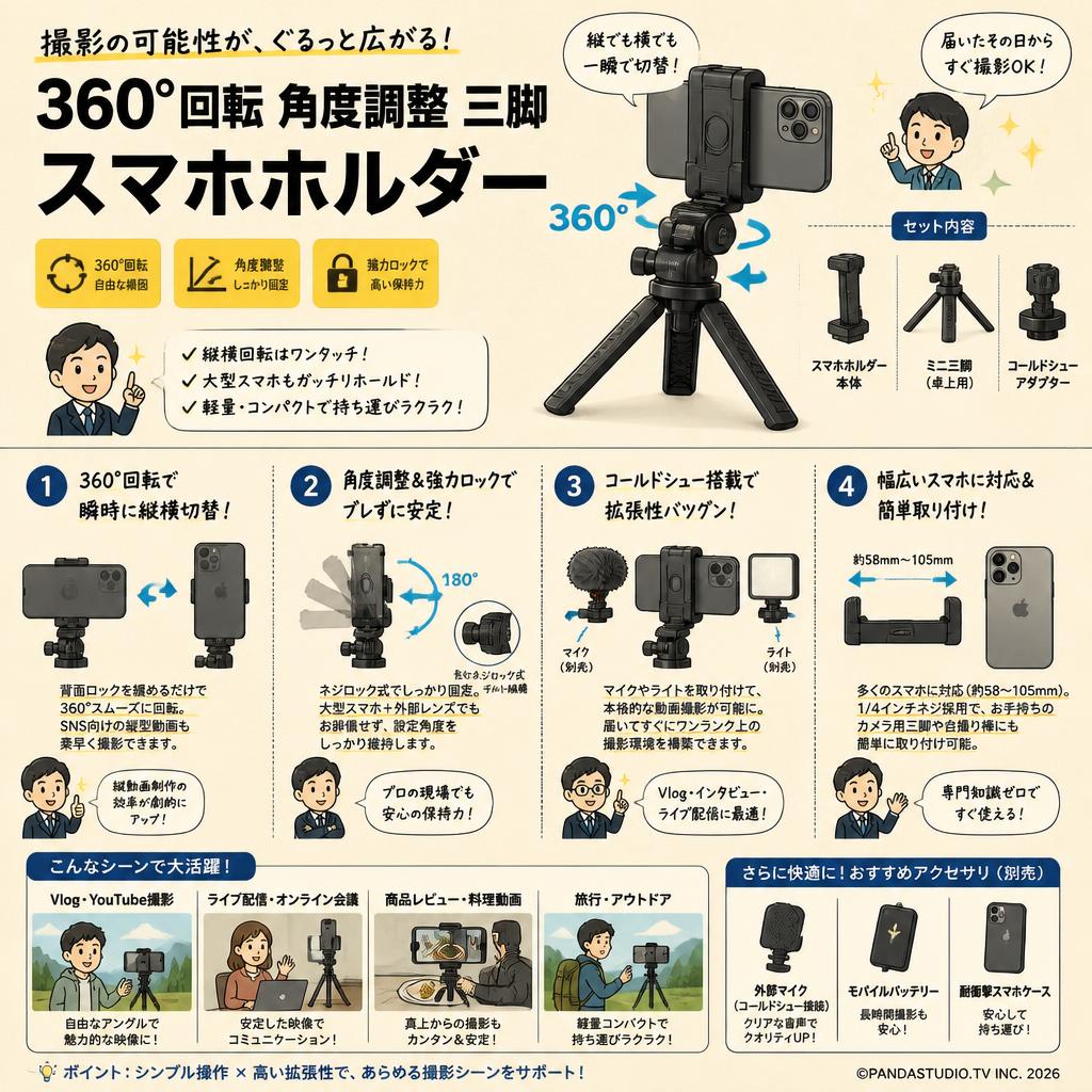 360°回転 角度調整 三脚 スマホホルダー FAQ（よくある質問と答え）