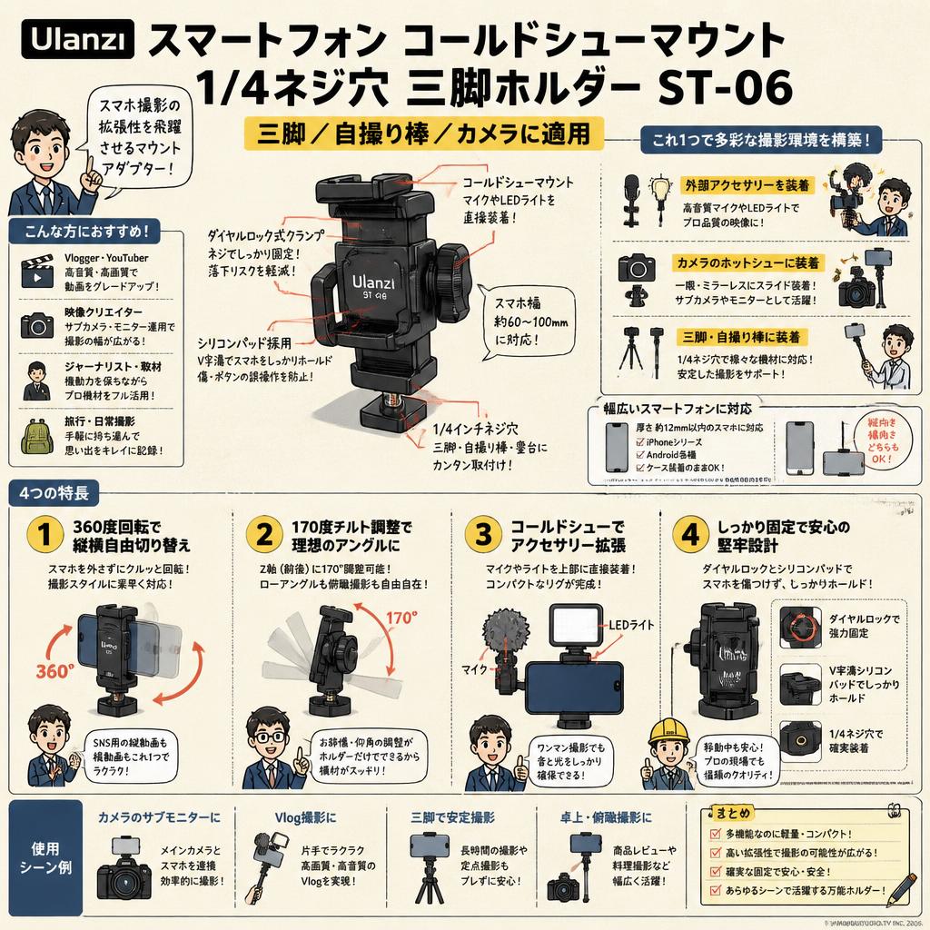 Ulanzi スマートフォン コールドシューマウント1/4ネジ穴 三脚ホルダーST-06(三脚/自撮り棒/カメラに適用) 概要