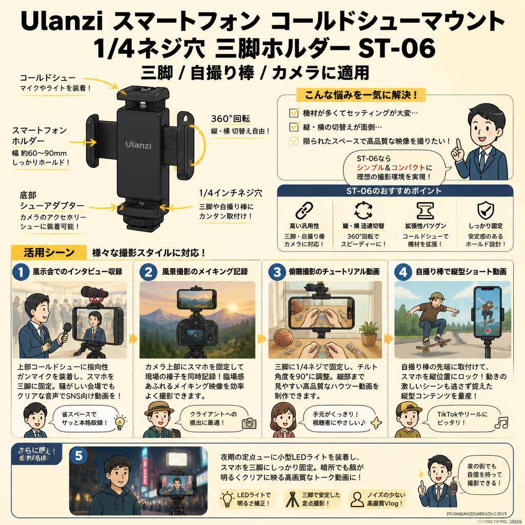 Ulanzi スマートフォン コールドシューマウント1/4ネジ穴 三脚ホルダーST-06(三脚/自撮り棒/カメラに適用) 用途