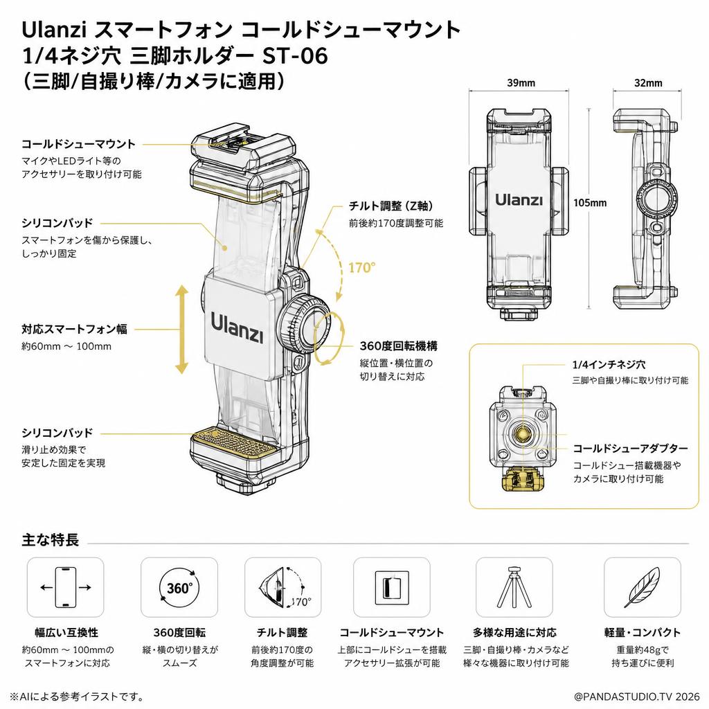 Ulanzi スマートフォン コールドシューマウント1/4ネジ穴 三脚ホルダーST-06(三脚/自撮り棒/カメラに適用) スペック