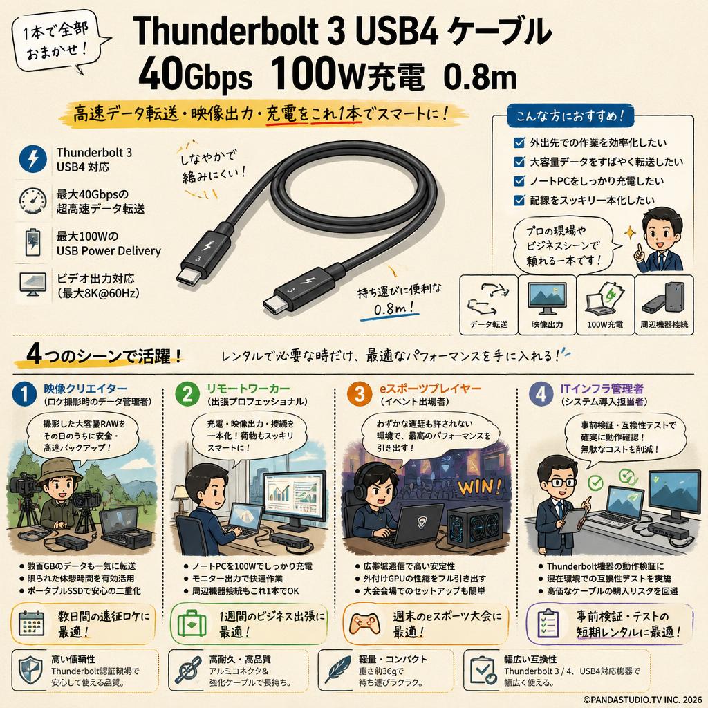 Thunderbolt 3 USB4 ケーブル 40Gbps 100W充電 0.8m おもな対象のお客様