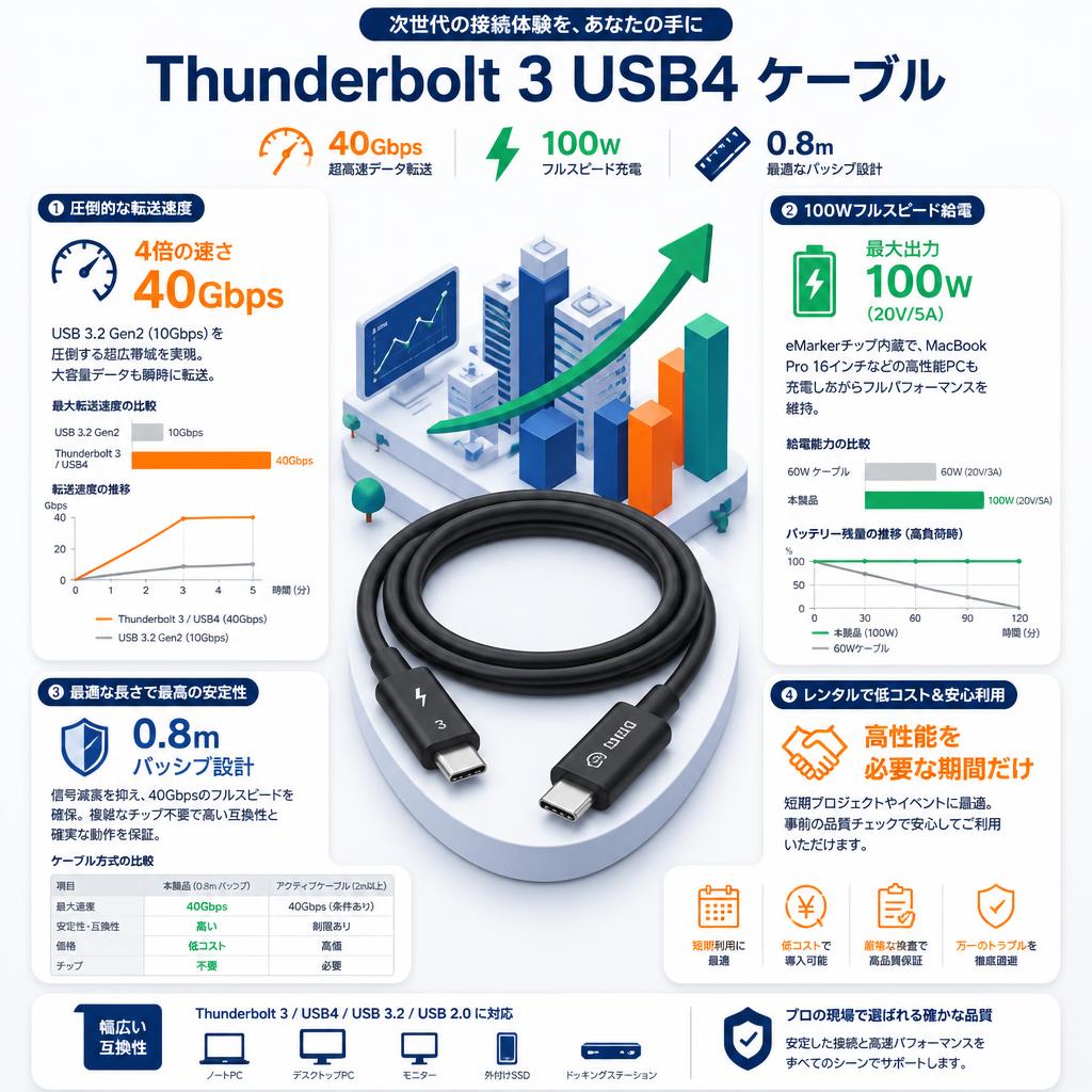 Thunderbolt 3 USB4 ケーブル 40Gbps 100W充電 0.8m セールスポイント