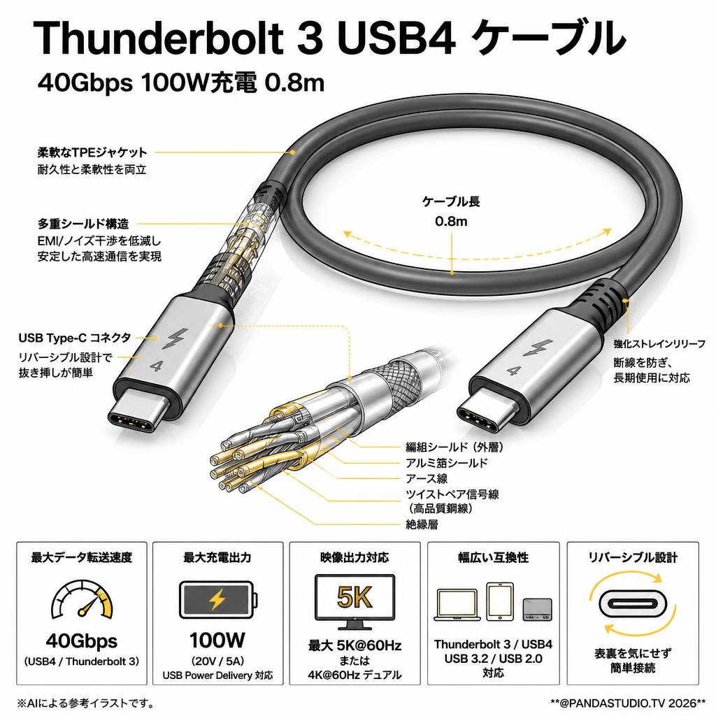 Thunderbolt 3 USB4 ケーブル 40Gbps 100W充電 0.8m スペック