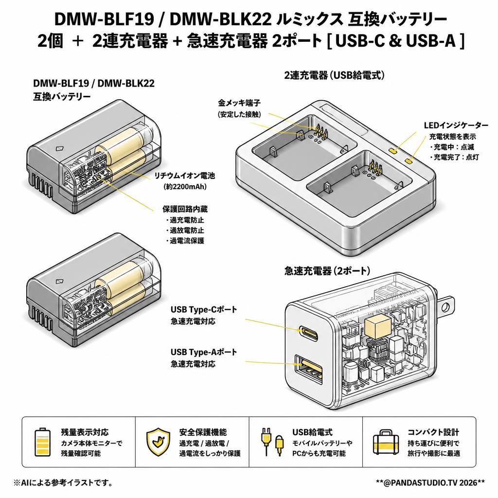 DMW-BLF19 / DMW-BLK22 ルミックス 互換バッテリー 2個 ＋ 2連充電器 +急速充電器 2ポート [ USB-C & USB-A ] スペック