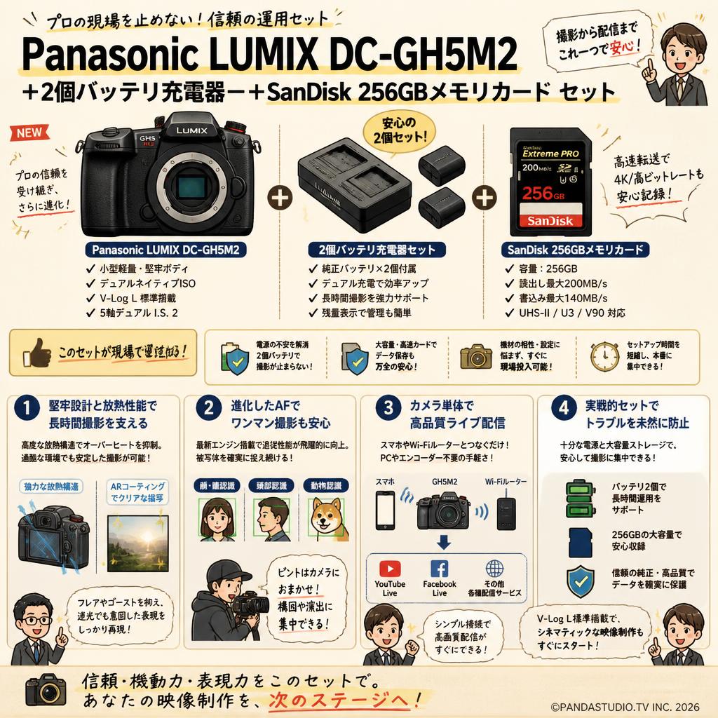 Panasonic LUMIX DC-GH5M2 ＋ 2個バッテリ充電器ー＋SanDisk 256GBメモリカード セット 概要