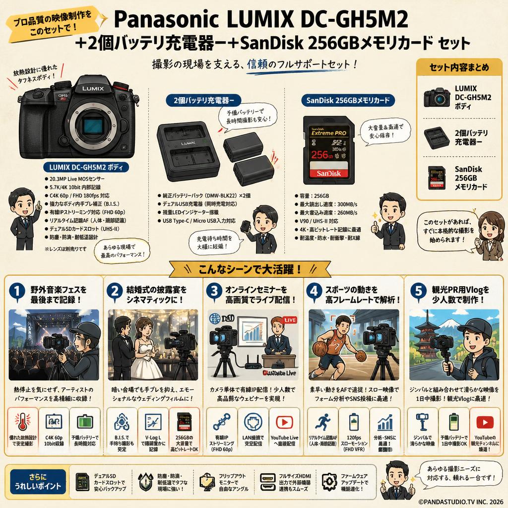 Panasonic LUMIX DC-GH5M2 ＋ 2個バッテリ充電器ー＋SanDisk 256GBメモリカード セット 用途