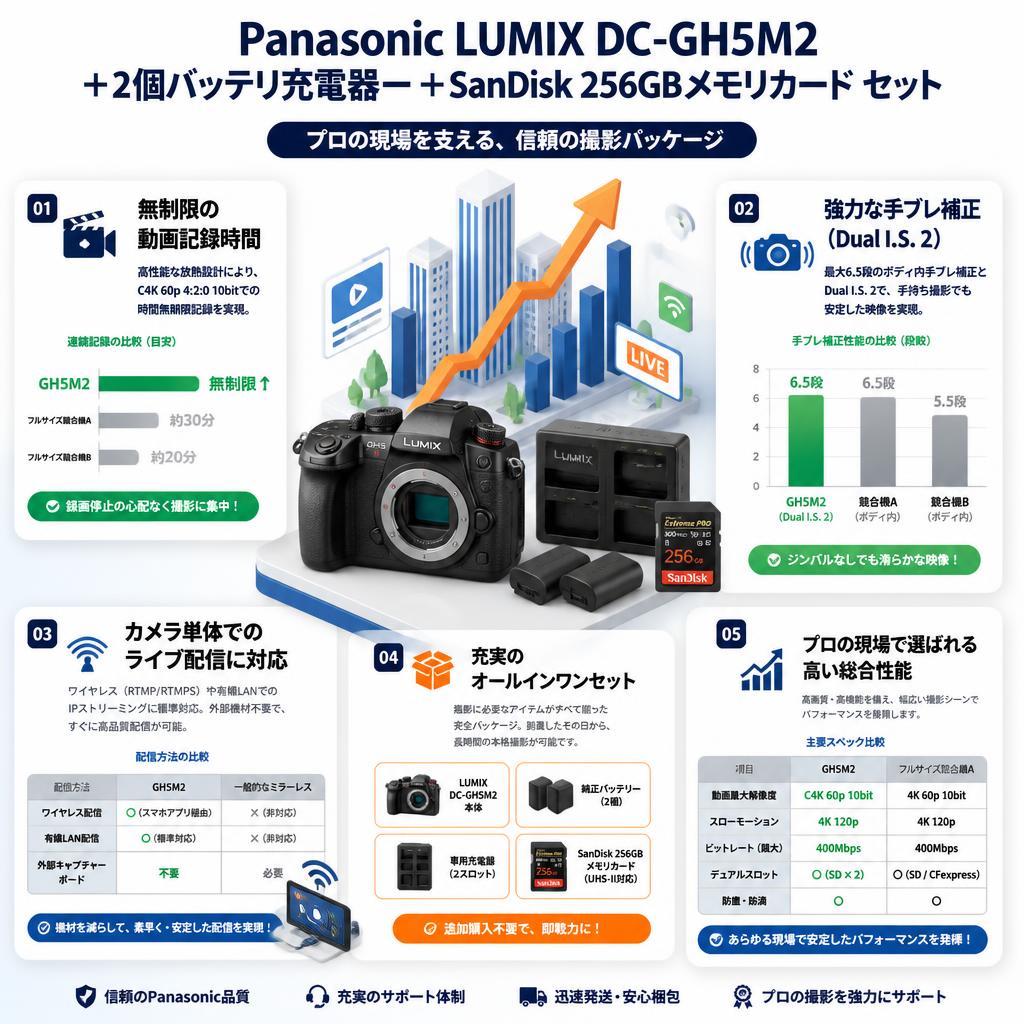 Panasonic LUMIX DC-GH5M2 ＋ 2個バッテリ充電器ー＋SanDisk 256GBメモリカード セット セールスポイント