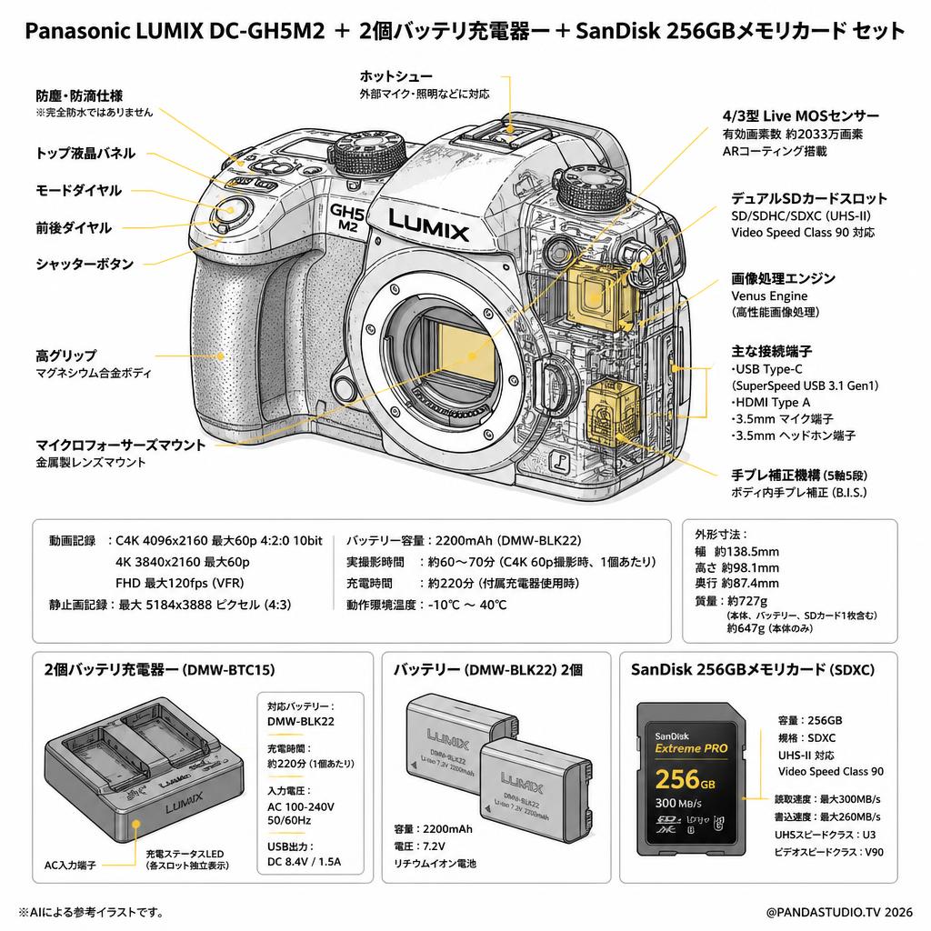 Panasonic LUMIX DC-GH5M2 ＋ 2個バッテリ充電器ー＋SanDisk 256GBメモリカード セット スペック