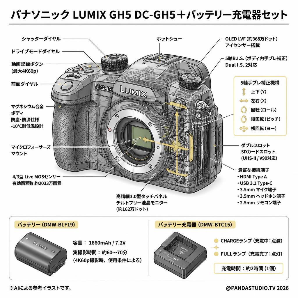 Panasonic LUMIX GH5 DC-GH5＋バッテリー充電器セット スペック