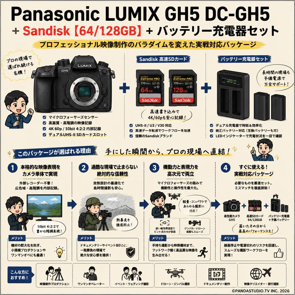 Panasonic LUMIX GH5 DC-GH5＋Sandisk【64/128GB】＋バッテリー充電器セット 概要