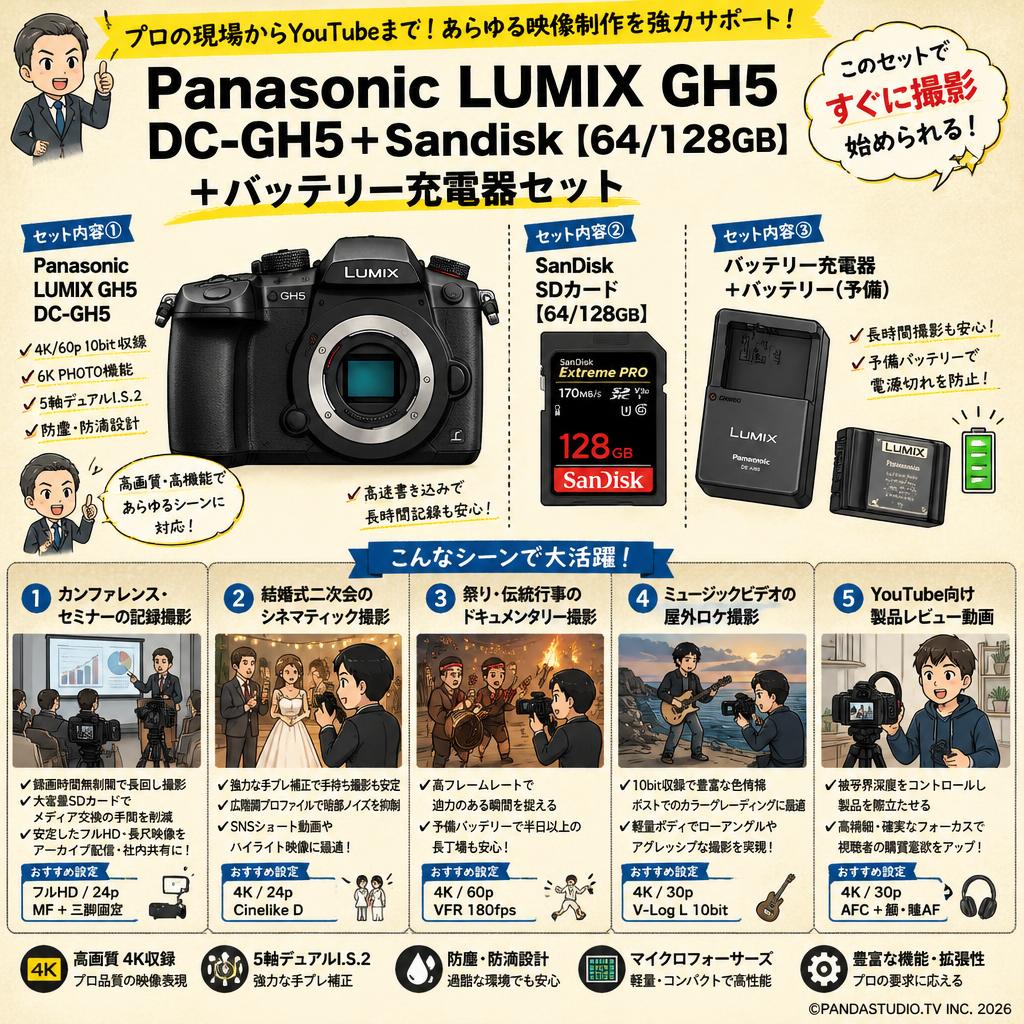 Panasonic LUMIX GH5 DC-GH5＋Sandisk【64/128GB】＋バッテリー充電器セット 用途