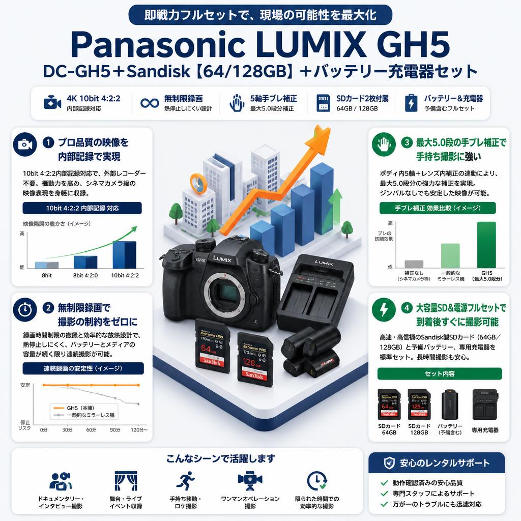 Panasonic LUMIX GH5 DC-GH5＋Sandisk【64/128GB】＋バッテリー充電器セット セールスポイント