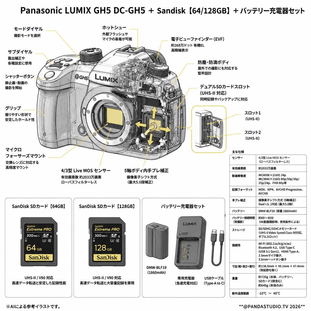 Panasonic LUMIX GH5 DC-GH5＋Sandisk【64/128GB】＋バッテリー充電器セット スペック
