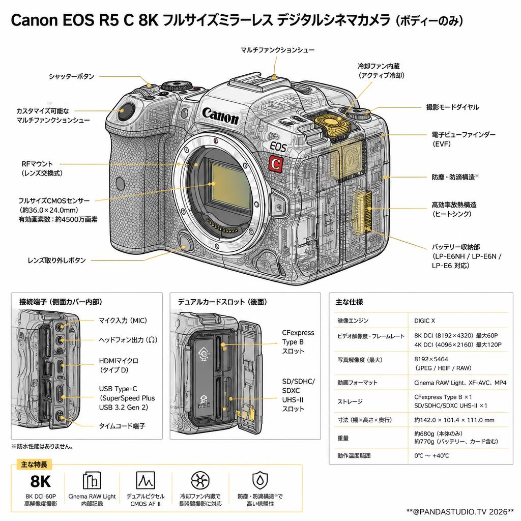 Canon EOS R5 C 8k フルサイズミラーレス デジタルシネマカメラ　(ボデイーのみ） スペック
